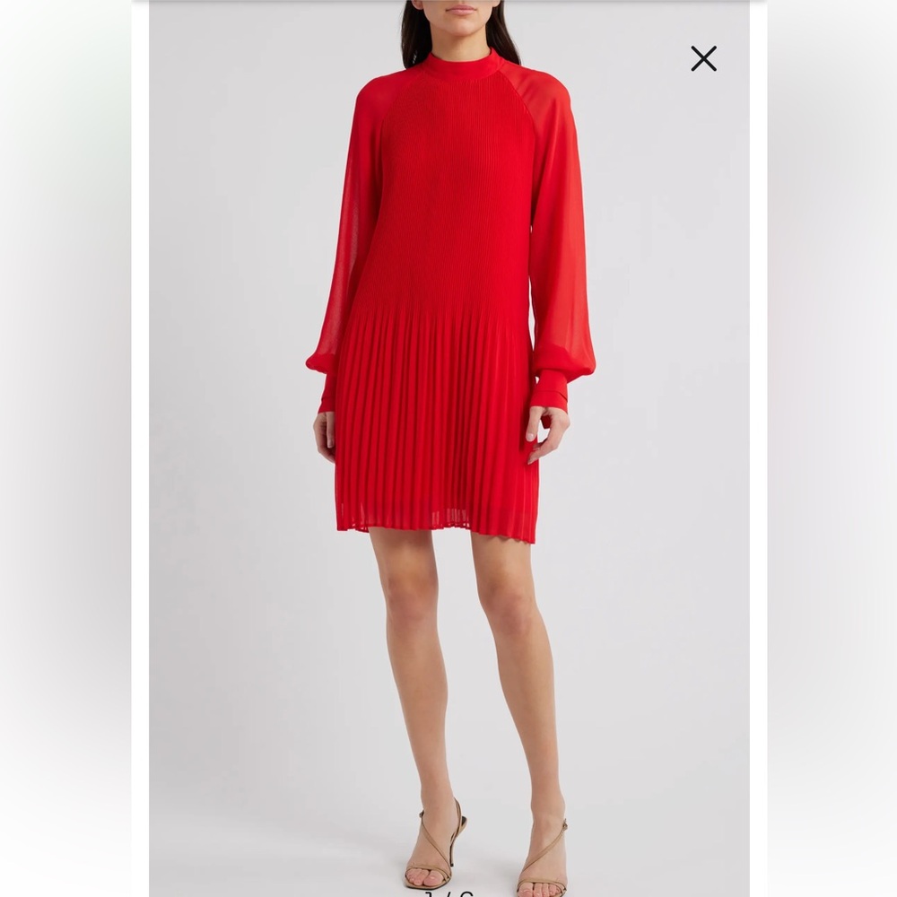 NWT Chelsea28 Pleated Red Long Sleeve Dress